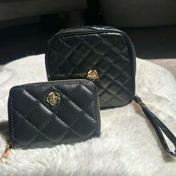 Elegant 2 Piece Black Quilted Women's Bag Set - Picture 1 of 13